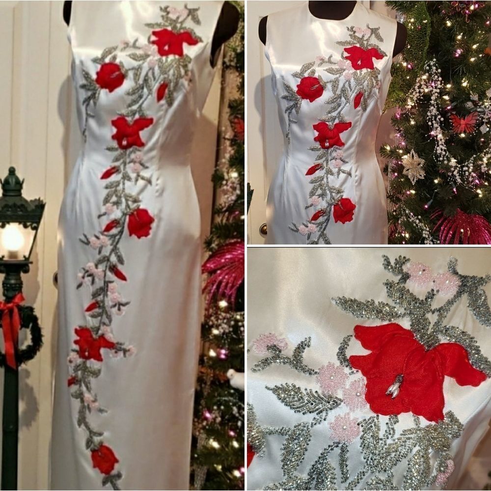 One-of-a-kind Hand Crafted White Satin Embossed Floral Dress
